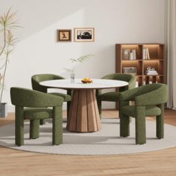 MALOL Wooden Dining Chairs Set of 4, Fabric Accent Chairs with Armrest, Comfy Round Upholstered Arm Chair with 3 Legs, Kitchen Chairs for Dining Room, Living Room, Green