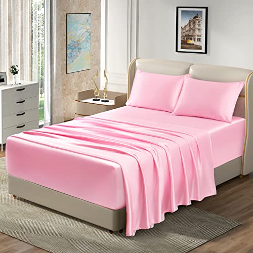 Homiest Queen Pink Extra Deep Pocket Satin Sheets, 4-Piece - 18-24 Inch Pocket Depth, Silky Soft for Hair And Skin, Wrinkle And Fade Resistant, Machine Washable, Elegant Glossy Finish