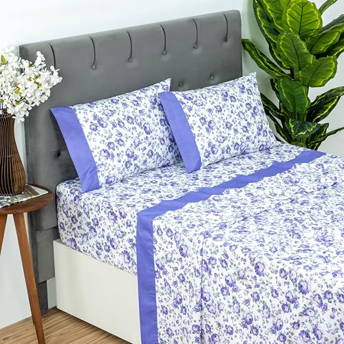 Dreamology King Sheet Set - 4 Piece Ultra-Soft Microfiber Bed Sheets with Flat Sheet, 14 Inches Deep Pocket Fitted Sheet & Pillowcases, Breathable, Bedroom Decor - Purple Blossom
