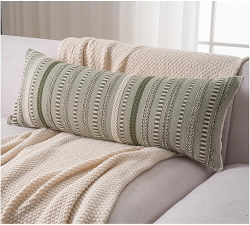 Cethom Boho Lumbar Pillow Covers 14x36 Long, Farmhouse Decorative Couch Pillow Cases, Green Accent Pillows of Bed, Sofa Bedroom Living Room Home Decor Cushion Cover, Pack of 1