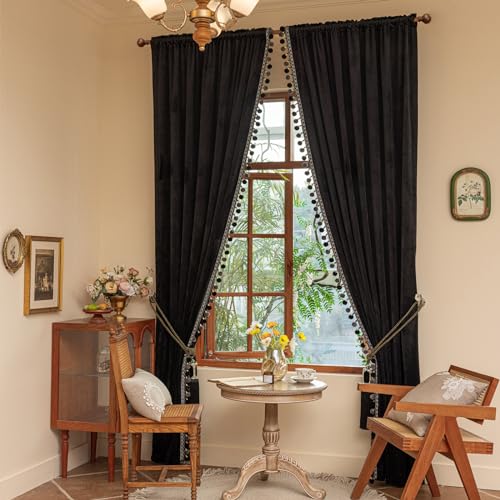 Helen curtain Luxury Pom Poms Curtain for Living Room Blackout Velvet 2 Panels Curtains Set Luxury Tassel Bedroom Curtains (Black, (50W×96L)×2)