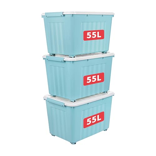 Cetomo 55L*3 Storage Boxes with Lids, Plastic Storage Box with Wheels and Secure Side Latches, Stackable & Nestable Organizer for Home, Office, Moving, PP, Blue, 55L-3 Pack