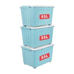 Cetomo 55L*3 Storage Boxes with Lids, Plastic Storage Box with Wheels and Secure Side Latches, Stackable & Nestable Organizer for Home, Office, Moving, PP, Blue, 55L-3 Pack