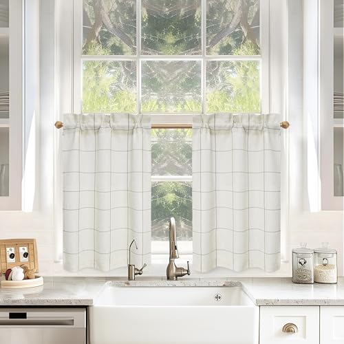 DriftAway Kitchen Curtains Striped Tier Linen Short Curtains Windowpane Plaid Cafe 36 Inch Length for Living Room Bathroom Chris Farmhouse Rustic Rod Pocket 2 Panels Taupe