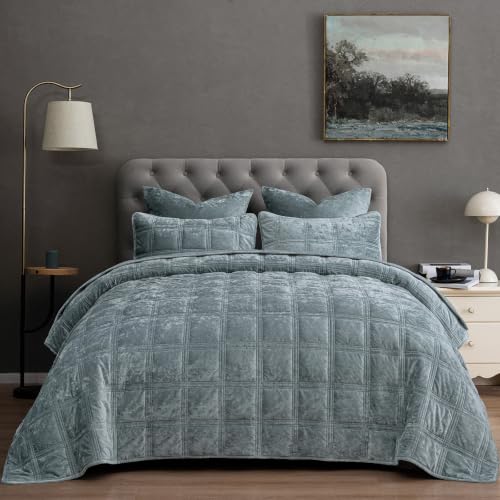 "PHF Ultra Soft Velvet Quilt Set Twin Size 68"" x 92"" - 2PCS Luxurious Cozy with Diamond Pattern, Breathable Quilted Bedspread, Home Decor Gift, 1 Coverlet with 1 Matching Sham, Dusty Blue"