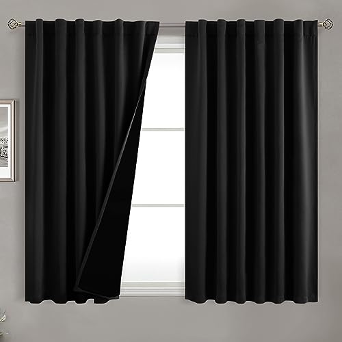 BGment Full Blackout Curtains with Liner Thermal Curtains 54 Inches Long, Rod Pocket and Back Tab Double Layer Black Out Privacy Curtains for Bedroom(52 x 54 Inch, 2 Panels, Black)