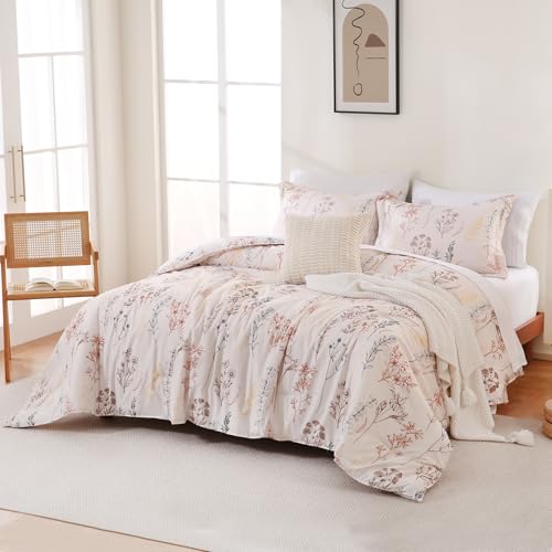 Queen Comforter Set, Lightweight Summer Bedding Comforter Sets, Boho Beige Floral Botanical Patterned Soft Breathable All-Season Comforters with 2 Pillow Shams