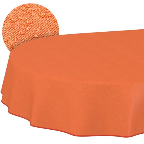 ANRO Washable Tablecloth Orange Linen Look with Hem Oval 200 x 140 cm - Edged with hem - weatherproof garden tablecloth - table linen made of coated fabric - washable at 30 ??C