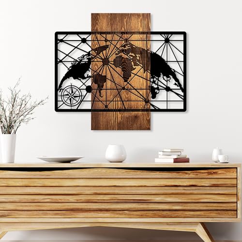Elegant Decorative Wooden Wall Accessory, 57 x 64 cm, 100% Real Wood (3 cm) & Metal (1.5 mm), Unique Walnut & Black Finish, Perfect for Home Decor