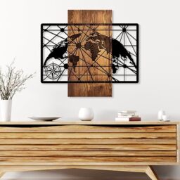 Elegant Decorative Wooden Wall Accessory, 57 x 64 cm, 100% Real Wood (3 cm) & Metal (1.5 mm), Unique Walnut & Black Finish, Perfect for Home Decor