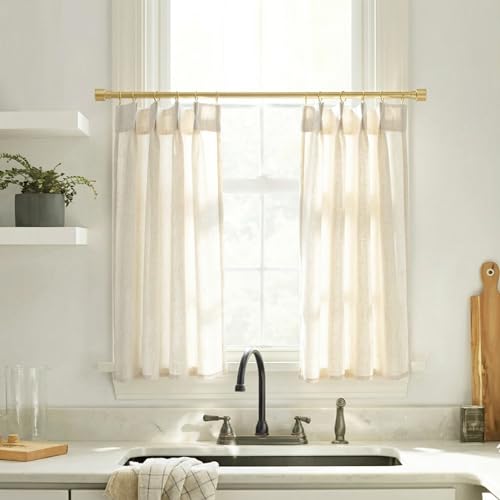 Kitchen Window Curtains Over Sink Cafe Curtains 24 Inch Length,Modern Farmhouse Style Boho Pinch Pleated Linen Sheer Tier Short Curtains for Small Window,Sets of 2 Piece,Cream