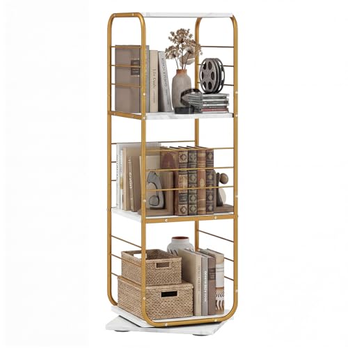 CASART 4-Tier Rotating Bookshelf (White + Golden)