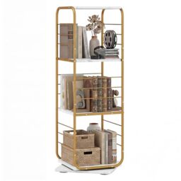 CASART 4-Tier Rotating Bookshelf (White + Golden)