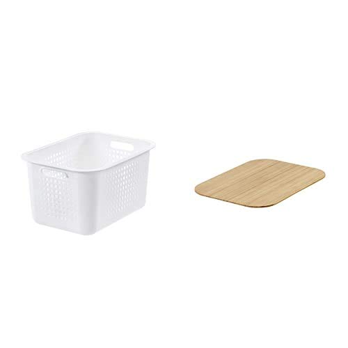 SmartStore - Plastic Storage Basket Recycled 20 Litres Set : White Basket + Bamboo Lid