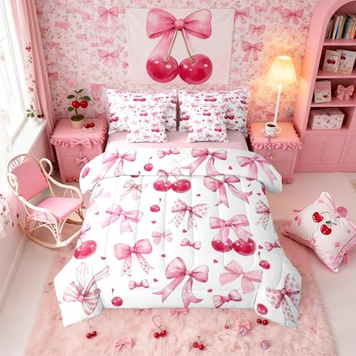 Erosebridal Pink Cherry Bow Girls Full Bedding Sets 7 Piece Cute Kawaii Bow Comforter Set Dreamy Princess Bed in A Bag with Sheets for Kids Teens Women Girly Bowknot Bed Set Room Decor