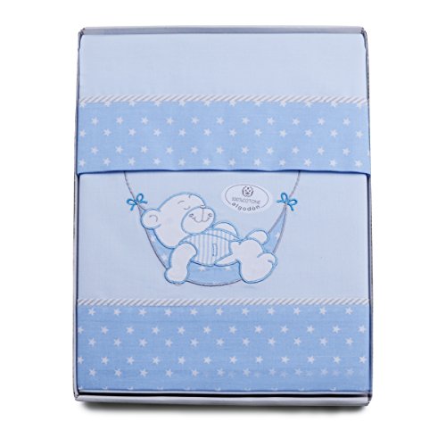 PEKITAS Set of 3 Pieces of Fine Linen for Minicot 19.7 x 31.5 in (50X80 CM) 100% Cotton Made in Portugal (Pillowcase + Sheet + Bottom Sheet) (Little Bear- Blue)