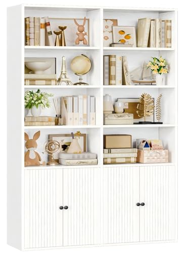 IRONCK Bookcase with Doors, 180cm Tall Bookshelf, 6 Tier Living Room Bookcases, 8 Open Compartments, Free Standing Display Shelf, Wooden Shelving Storage Unit for Home Office 108×30×180cm (White)