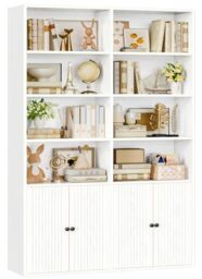 IRONCK Bookcase with Doors, 180cm Tall Bookshelf, 6 Tier Living Room Bookcases, 8 Open Compartments, Free Standing Display Shelf, Wooden Shelving Storage Unit for Home Office 108×30×180cm (White)