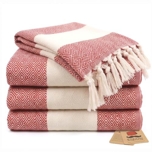 "Bazaar Anatolia Hand Towels - Set of 4 - 39"" x 19"" - Decorative Turkish Hand Towel for Bathroom, 100% Cotton, Kitchen, Face, Hair, Tea, Dishcloth, Christmas Hand Towels - Diamond Red"