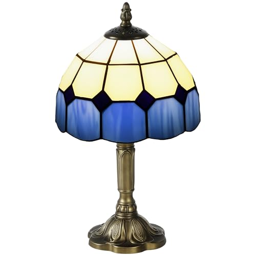 HOMCOM Handmade Stained Glass Table Lamp, Tiffany-Style Bedside Lamp for Bedroom, Living Room, Home, Nightstand, Decorative Night Light, Blue