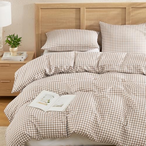 Andency Gingham Duvet Cover King Size, Tan Brown Checkered Plaid Bedding Set, 3 Pieces Soft Prewashed Microfiber Comforter Cover with Zipper Closure & Corner Ties