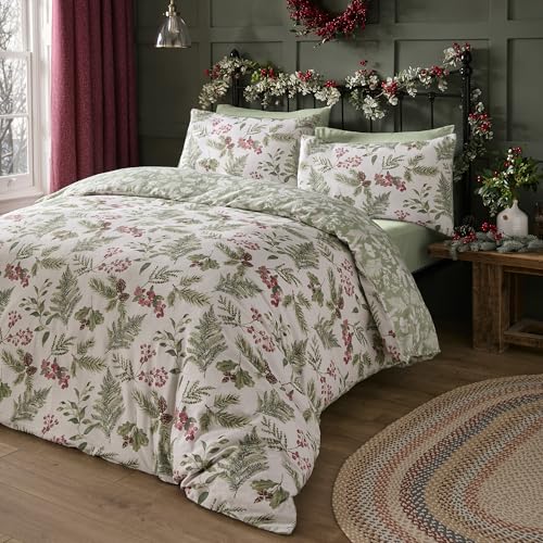 Dreams & Drapes Christmas Duvet Cover – Holly & Red Berry Print – Double Size 200 x 200cm – 100% Cotton – Reversible Festive Bedding – Winter Sprigs & Fern Design