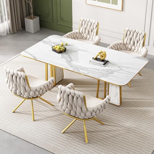 Merax Dining Chairs Set of 4, Modern Upholstered Seat for Kitchen, Living Room, or Bedroom, Luxurious Leisure Swivel Armchair with Sturdy Metal Legs and Soft Velvet Upholstery, Beige