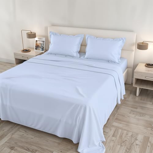 Satin Cloe Maxi Bed Set, 100% Cotton, Made in Italy – Sheet Set, 2 Pillowcases with Ruffles, Top Sheet 260 x 300 cm, Bottom Sheet 180 x 200 cm – Blue