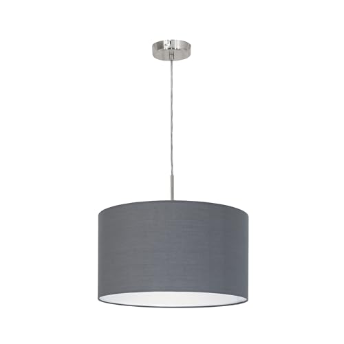 Eglo Pendant Lighting Pasteri, Textile Hanging lamp for Dining Table, Ceiling Light Fitting Living Room, Silver Coloured Metal with Grey Fabric lampshade, E27 Socket, Ø 38 cm
