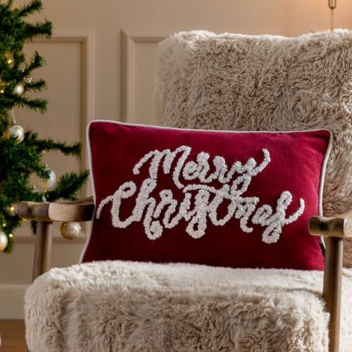 Paoletti Winter Merry Christmas Polyester Filled Cushion – Luxury Bouclé Tufted Festive Slogan Cotton Velvet Piped Decorative Pillow (Red – 35x50cm)
