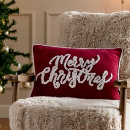 Paoletti Winter Merry Christmas Polyester Filled Cushion – Luxury Bouclé Tufted Festive Slogan Cotton Velvet Piped Decorative Pillow (Red – 35x50cm)