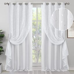 BGment White Blackout Curtains with Sheer Overlay, Double Layer Nursery Drapes Grommet Silver Printed Thermal Insulated Panels for Bedroom/Living/Kide Room, 2 Panels Each 52 x 84 Inch, Greyish White