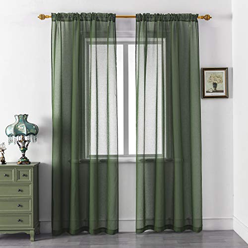 DUALIFE Hunter Green Sheer Curtains 95 Inch Length,Faux Linen Semi Sheer Curtain Drapes for Living Room Bedroom Nursery Kitchen Bathroom Privacy Voile Window Treatment Panels,52 x 95 Inches,Set of 2