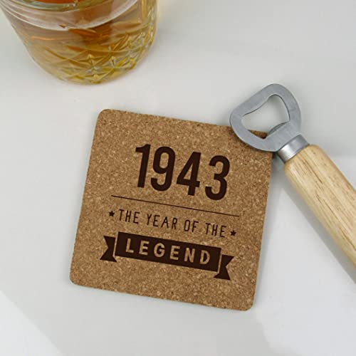 eBuyGB Engraved Square Cork Coaster -1943 Year of The Legend Design - 80th Birthday Gifts for Him, Men - Gift for Dad, Grandad, Friend - Drinks Mat, Placemat