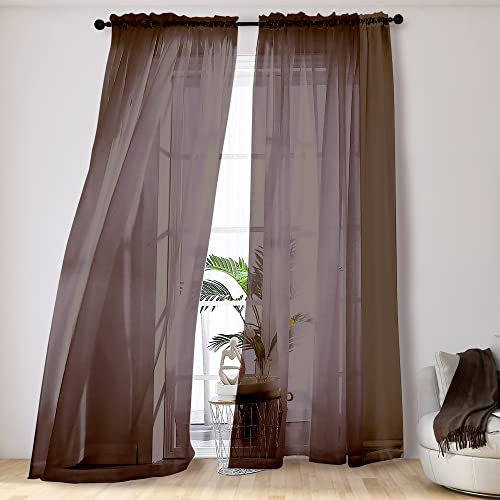 OVZME Brown Sheer Curtains 108 Inches Long, Light Filtering Semi Transparent Lightweight Voile Rod Pocket Window Curtains for Bedroom, Living Room, W42 x L108, Set of 2 Drape Panels