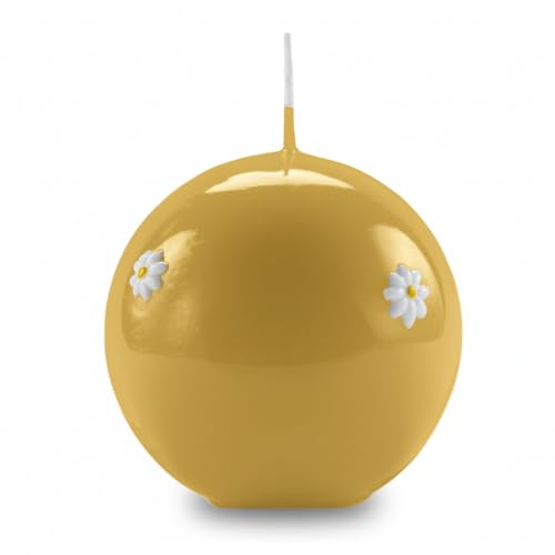 Cereria Di Giorgio - Sphere Candle Decorated with Daisies - Mustard Colour - Diameter 10 cm - Burning time 49 Hours - with Gift Bag - Spring Collection - Handmade