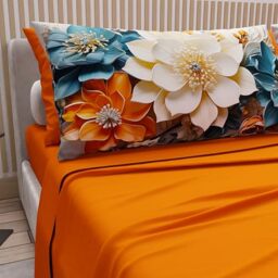 PETTI Artigiani Italiani - Cotton Sheets with Pillowcases in Digital Print, Single Bed Sheet, Single Bed Set, Floral 10 Orange, 100% Made in Italy