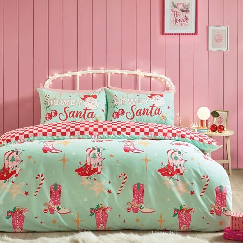 Catherine Lansfield Santa's Howdy Christmas Reversible Single Duvet Cover Set with Pillowcase Green