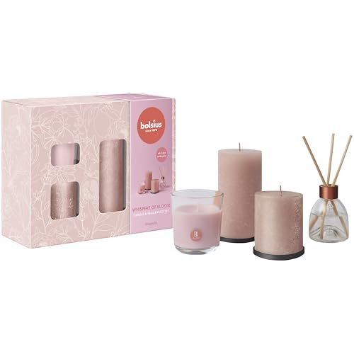 Bolsius Rustic Pillar Candles with Reed Diffuser and Scented Candle - Gift Set of 4 - Whispers of Bloom - Magnolia - Decorative - Long Burning Time - Includes Natural Vegan Wax