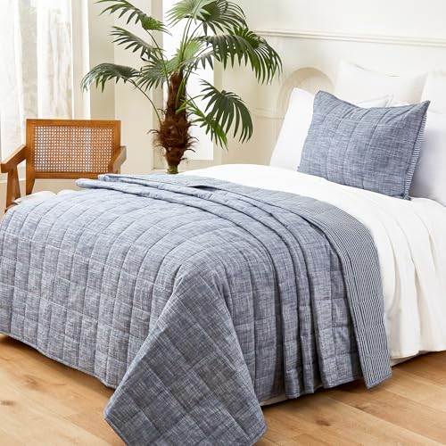 softpage Navy Quilts Twin Quilt??? Cotton Twin Quilt Bedding Set???2-Pieces Quilted Bed Spread with Blue Stripe Coverlet Light Weight Navy Bedspread with 1 Pillow Sham