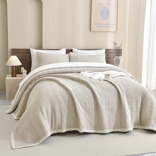 "CozyTide Oversized Queen Quilt 102""x118"",Cotton Light Khaki Waffle Weave Bedspreads & Coverlets Wheat Lightweight Soft Farmhouse Luxury Quilt Bedding Coverlet Set 3Pcs"