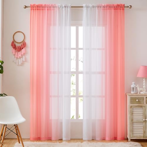 July Joy Ombre Faux Linen Sheer Curtains for Girls Bedroom Rod Pocket, 2 Tone Reversible Gradient Voile Semi Window Curtains,Privacy and Light Filtering, Set of 2 Panels, Blush, 54 x 84 Inch Length