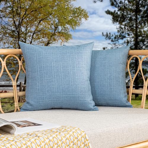 Kevin Textile Pack of 2 Outdoor Waterproof Throw Pillow Covers Decorative Farmhouse Checkered Square Solid Cushion Cases for Patio Garden Porch Sofa Light Blue 18x18 inch
