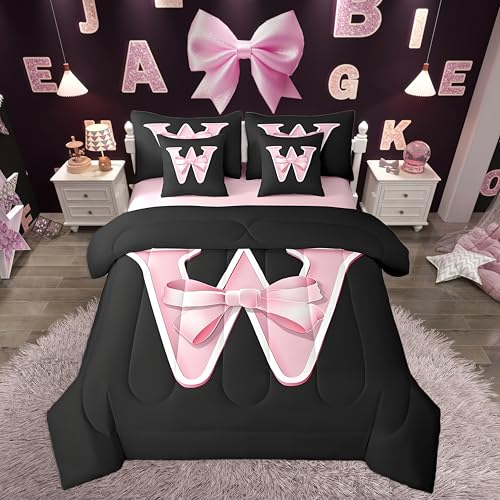 jejeloiu Kawaii Pink Bow Full Comforter Set with Sheets,Gifts for Women Teen Girl,Monogrammed 7 Piece Bedding Set,Soft Personalized Initial Letter W Bed in a Bag with Comforter,Sheets,Pillowcases