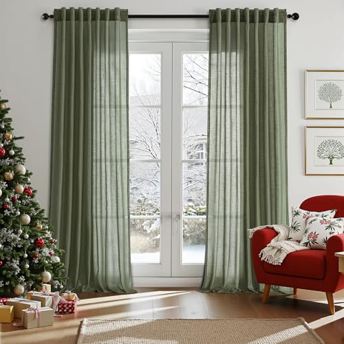 Olive Green Sheer Linen Curtains 90 inch Long Back Tab Light Filtering Living Room Drape Linen Blend Farmhouse Minimalist Neutral Semi Sheer Curtain for Dining Room Bedroom 90 inch Length 2 Panels Set