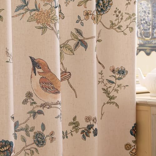 ISAENNE French Beige Linen Curtains with Bird and Flowers Pattern,Western Semi-Blackout Curtain with Grommet for Kitchen Bedroom Livingroom,2 Panels 65 Inches Wide by 94 Inches Long -Cornucopi