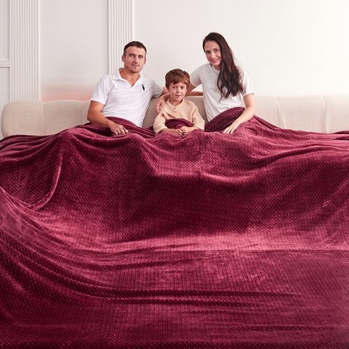 Oversized King Fleece Blanket 120x120 Inches, Seamless Soft Cozy 3D Jacquard Flannel Blanket 10'x10' Extra Large for Bed, Sofa, Couch, Travel & Camping, California King Throw, Burgandy Red Leaf