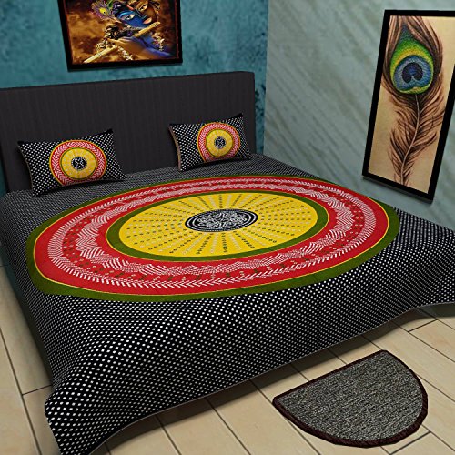 Traditional Mafia Old Classic Collection 100% Pure Cotton Printed Double Bedsheet with 2 Pillow Covers, King, Black/Multicolor