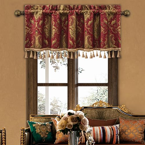 Loom and Mill Luxury Chenille Valances for Living Room Window, Classic Damask Jacquard Chenille Window Treatment Valances with Tassels, Rod Pocket Blackout Short Curtain 1 Panel, 54??? x 18???, Red