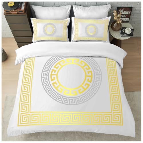 GC GAVENO CAVAILIA Greek King Size Duvet Cover Sets - Microfibre Geometric Bedding Sets with Pillowcases - Durable & Easy Care Quilt Covers - Soft Duvet Comforter Cover, White